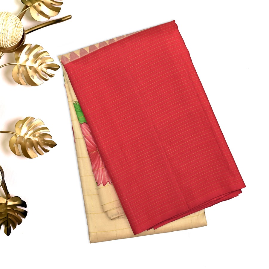 Off White Hand Painted Kanchi Silk Saree with Hibiscus Design